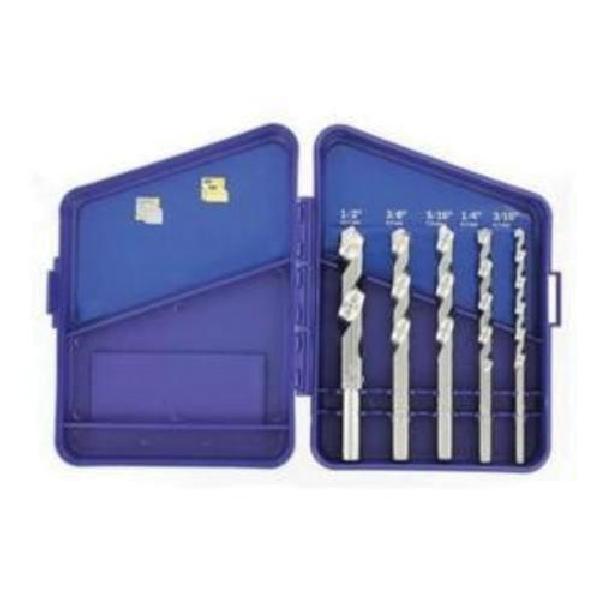 Rotary Percussion Drill Set, Imperial System of Measurement, 5/16 in Minimum Drill Bit Size, 1/2 in Maximum Drill Bit Size, 5 Piece, Specifications: Spiral Flute, Straight Shank, Steel, Nickel Plated