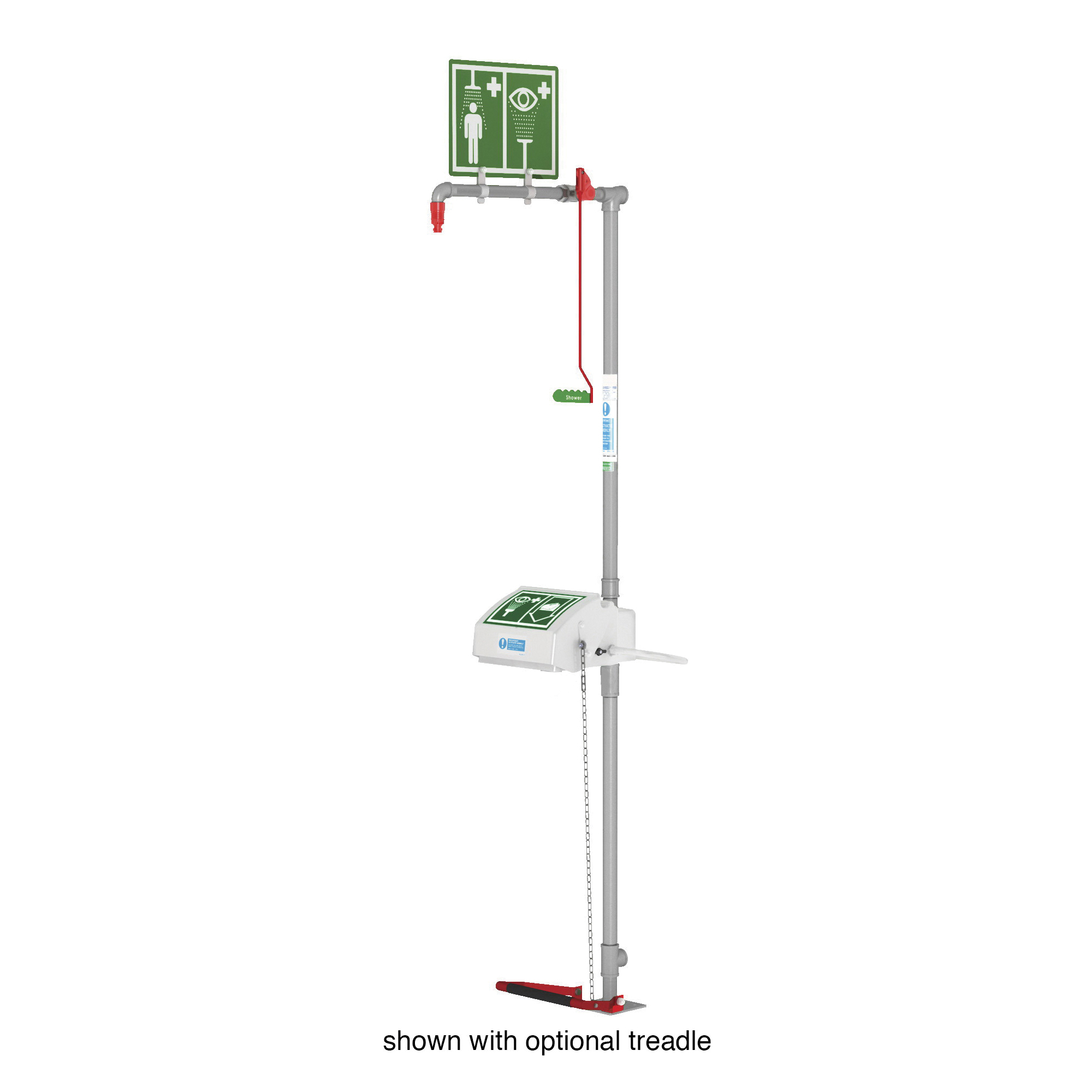 Hughes Combination Shower, Closed Bowl Bottom Inlet, Series: Hughes, Galvanized Steel Pipe, Acrylic Capped ABS Eyewash Bowl, Nylon 6 Shower Head, 9-1/2 in Diameter Bowl, Floor Mounting, UL Listed, Green/Red, Nylon 6 Nozzle/Chrome Plated Brass with St