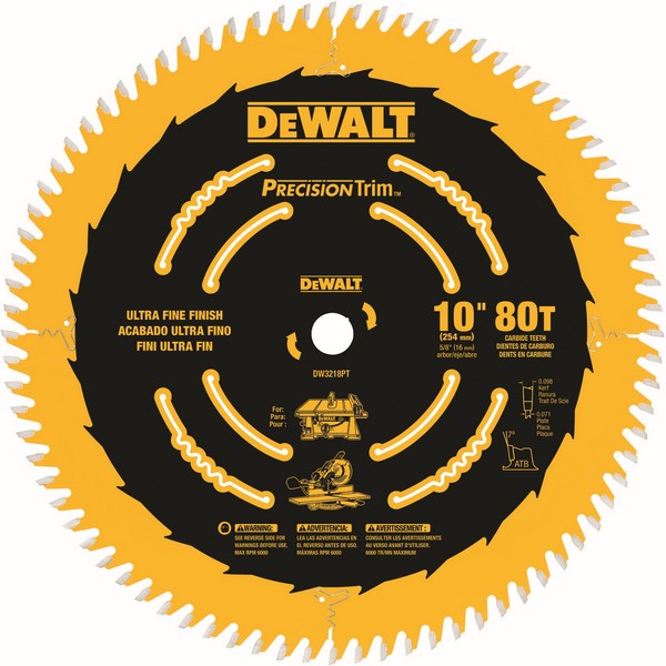 Circular Saw Blade, 10 in Diameter, 0.071 in Thickness, 5/8 in Arbor, ATB Teeth, 80 Teeth, 7° Tooth Angle, 6000 RPM 4 in Cutting Depth, 0.098 in Kerf, Carbide Cutting Edge, Carbide Blade, Tough Coated, Applicable Materials: Wood