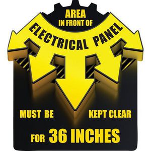 3D Floor Sign, Rectangle, Text Legend, Legend: Area in front of electrical panel must be kept clear for 36 inches, B-819 Vinyl, Self-Adhesive Mounting, 16 in Height, 17 in Width, Black on Yellow Legend/Background