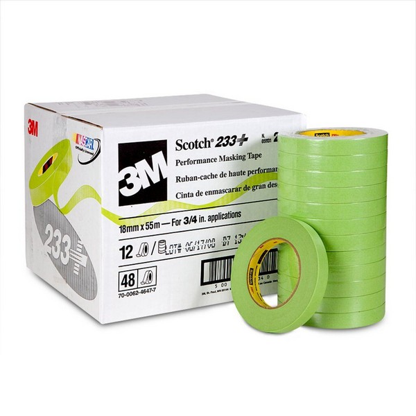 Masking Tape, High Performance, Series: 233+, 55 m Length, 18 mm Width, 6.6 mil Thickness, Green, Rubber Adhesive, Crepe Paper Backing, 36 in-oz Adhesion Strength, 25 in-lb Tensile Strength, 250 °F Maximum Operating