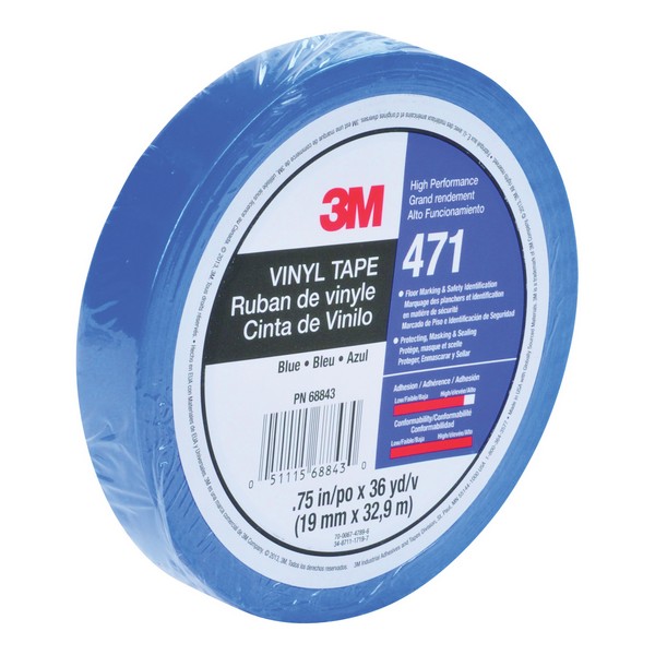 Marking Tape, High Performance, 36 yd Length, 1/2 Inch Width, 5.2 mil Thickness, Blue, Rubber Adhesive, Vinyl Backing, 23 in-oz Adhesion Strength, 14 in-lb Tensile Strength, 170 °F Maximum Operating, 40 °F Minimum Operating