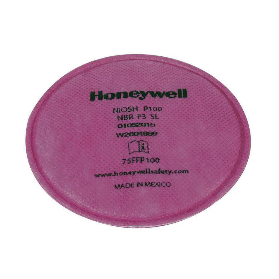 Pancake Respirator Filter, Flexible Low Profile, P100 Filter Class, >99.97 Filter Efficiency, 4-1/2 in Dia x 3/4 in H Size, Magenta, Resists: Aerosol Dusts, Mists, Fumes, Fibers and other Particulates Up to 0.3 micron of size
