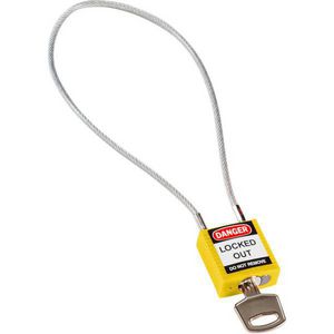 Cable Padlock, Compact, Different Key, Yellow, Nylon Body, 0.16 in Shackle Dia, 40 cm Shackle Height, 8 in Shackle Width, PVC Encased Steel Cable Shackle, 1.31 in Body Length, 1-1/4 in Body Width, 5-Pin Tumbler Cylindrical, DANGER LOCKED OUT - DANGER