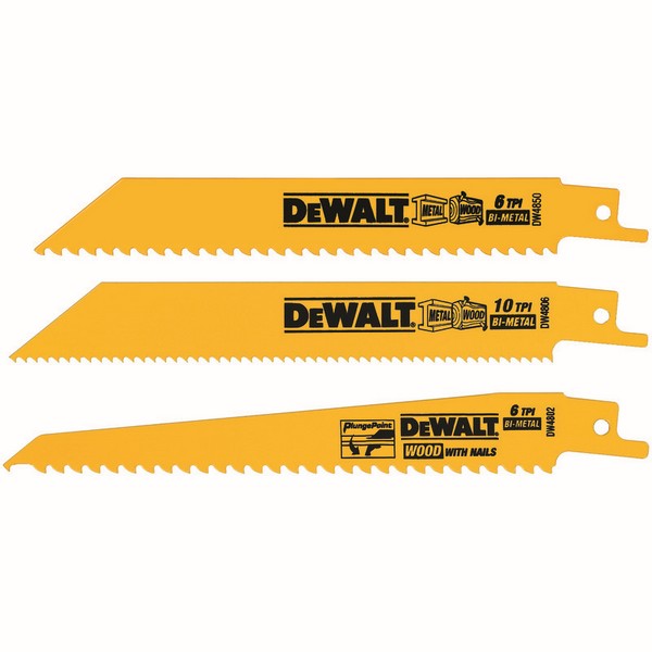 Reciprocating Saw Blade Set, 3 Piece, Specifications: 6 in L Blade, 6/10 TPI, Reinforced/Raker Teeth, Angled Blade Tip, 1/2 in Shank, For Use With: Reciprocating Saws, Bi-Metal, Anti-Stick Coated, Yellow