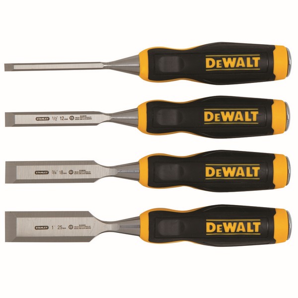 Wood Chisel Set, Short Blade, 1/4 to 1 in Chisel, 4 Number of Chisels, 4 Piece, 1/4 in, 1/2 in, 3/4 in and 1 in Chisels Set Contents, Yes Corrosion-Resistant, Carbon Steel, Lacquered, Black/Yellow