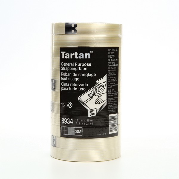 Filament Tape, High Strength, 55 m Length, 18 mm Width, 4 mil Thickness, Fiberglass Yarn Filament, Clear, Synthetic Rubber Adhesive, Polypropylene Film Backing, 60 in-oz Adhesion Strength, 100 in-lb Tensile Strength, 80 °F Maximum Operating, 40 °F Mi