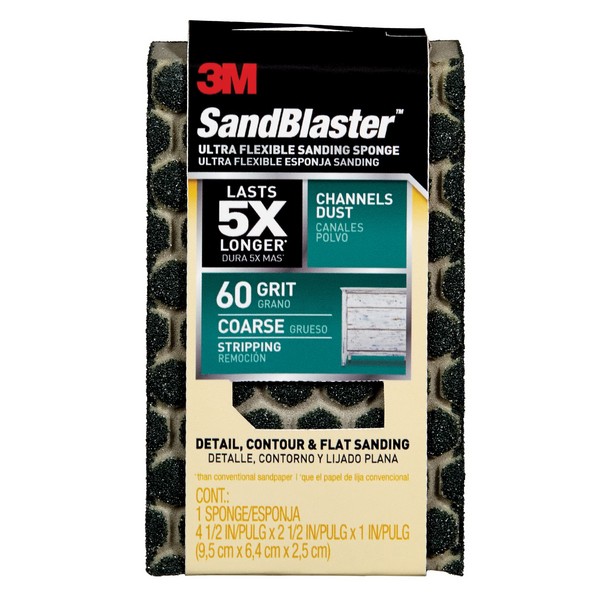 Sanding Sponge, Dust Channeling, 4-1/2 Inch Overall Length, 2-1/2 Inch Overall Width, 1 Inch Overall Thickness, 60 Grit