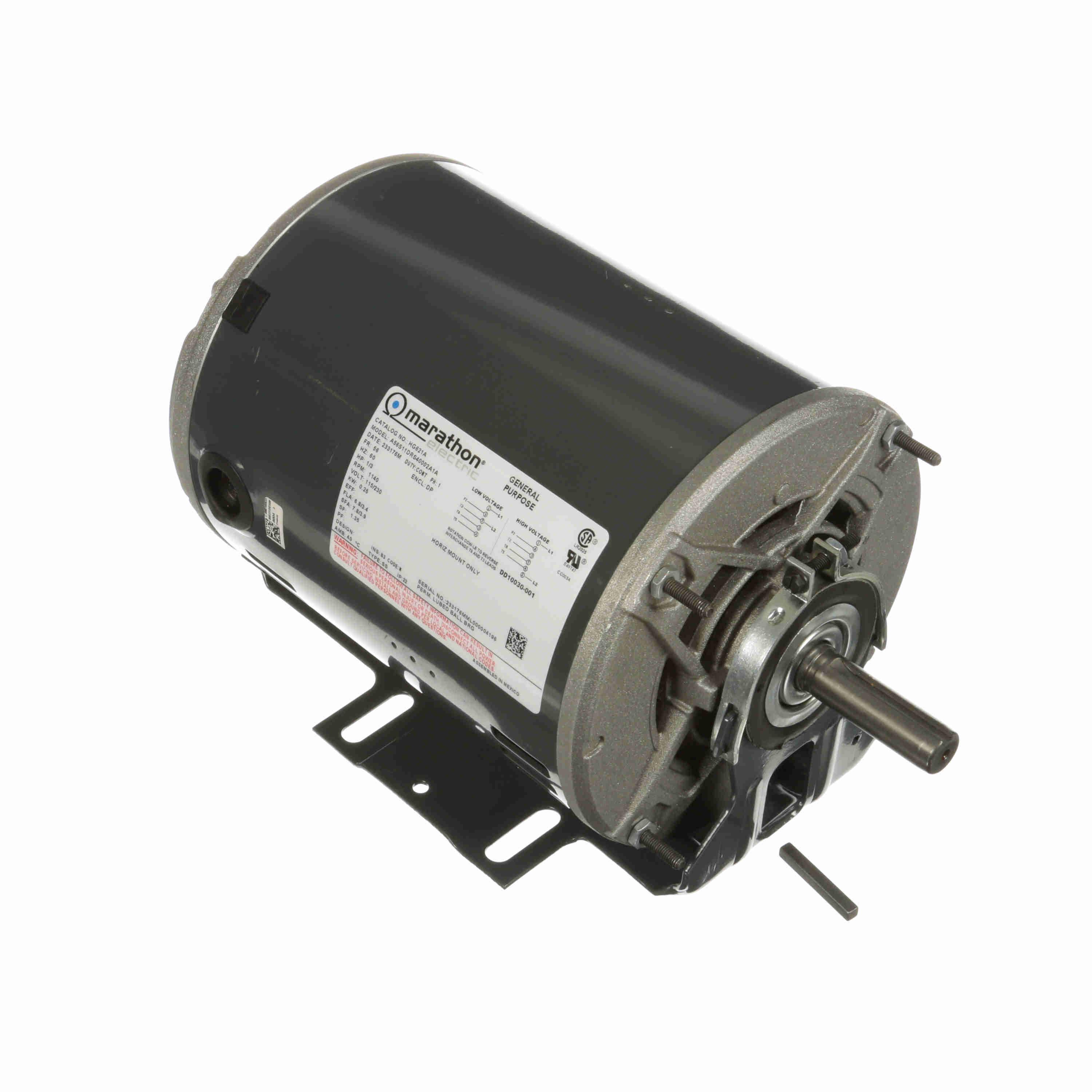 AC Motor, 0.33 HP, 115/230 VAC, 6.8/3.4 A, 60 Hz Frequency, 1 Phase, 1140 RPM Speed, 1 Speed, DP, IP22 Enclosure, 56 Frame, 5/8 Inch Diameter x 2.03 Inch Length Extension Shaft, Reversible Rotation, 1.35 Service Factor, Deep Groove Ball Bearing, Resilient Base Mounting, 40 °C, Insulation Class: Class B, Rolled Steel