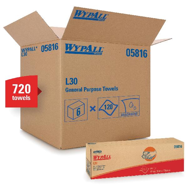 General Purpose Wiper, Exceptional Performance, Series: L30, 16.4 x 9.8 in Size, 120 Sheets Capacity, White, Double Re-Creped