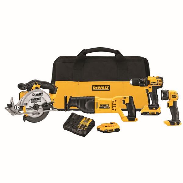 Cordless Combination Kit, 4-Tool, Kit, Tools: Drill, Reciprocating Saw, Circular Saw and Worklight, 20 VDC, Battery Chemistry: Lithium-Ion, 2 Ah Battery, Contractor Bag, Black/Yellow