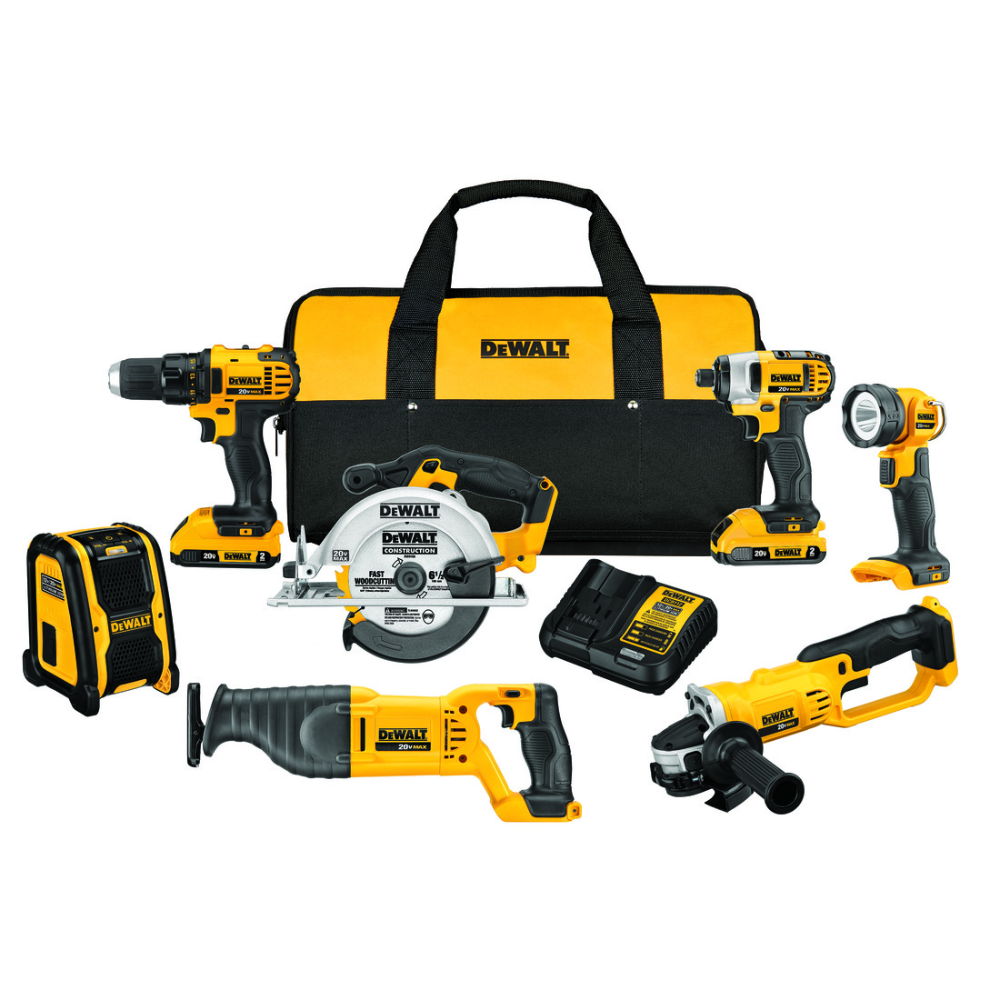 Cordless Combination Kit, 7-Tool, Tool/Kit: Kit, Drill, Impact Driver, Circular Saw, Reciprocating Saw, Grinder, Worklight, Specialty Tool, 20 VDC, Lithium-Ion, 2 Ah Battery, Contractor Bag Package, Black/Yellow