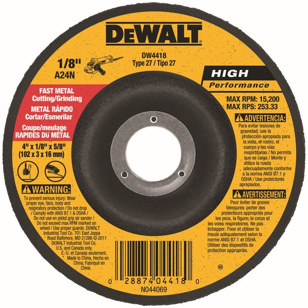 Cut-Off Wheel, General Purpose, 4 in Wheel Diameter, 1/8 in Wheel Thickness, 5/8 in Center Hole, 24 Grit, Very Coarse Grade, Aluminum Oxide Abrasive, Wheel Type Number: Type 27, 15200 RPM Maximum, Premium Resin Bond, Applicable Materials: Ferrous Met