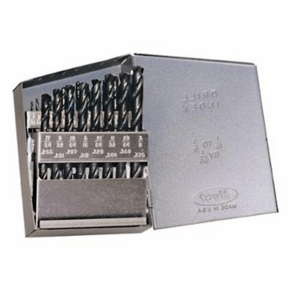 Jobber Length Drill Set, Heavy Duty, Series: 1801, Imperial System of Measurement, 1/16 in Minimum Drill Bit Size, 3/8 in Maximum Drill Bit Size, 135 deg Drill Point Angle, 21 Piece, Specifications: Right Hand Cut, Spiral Flute, Split Point, Straight