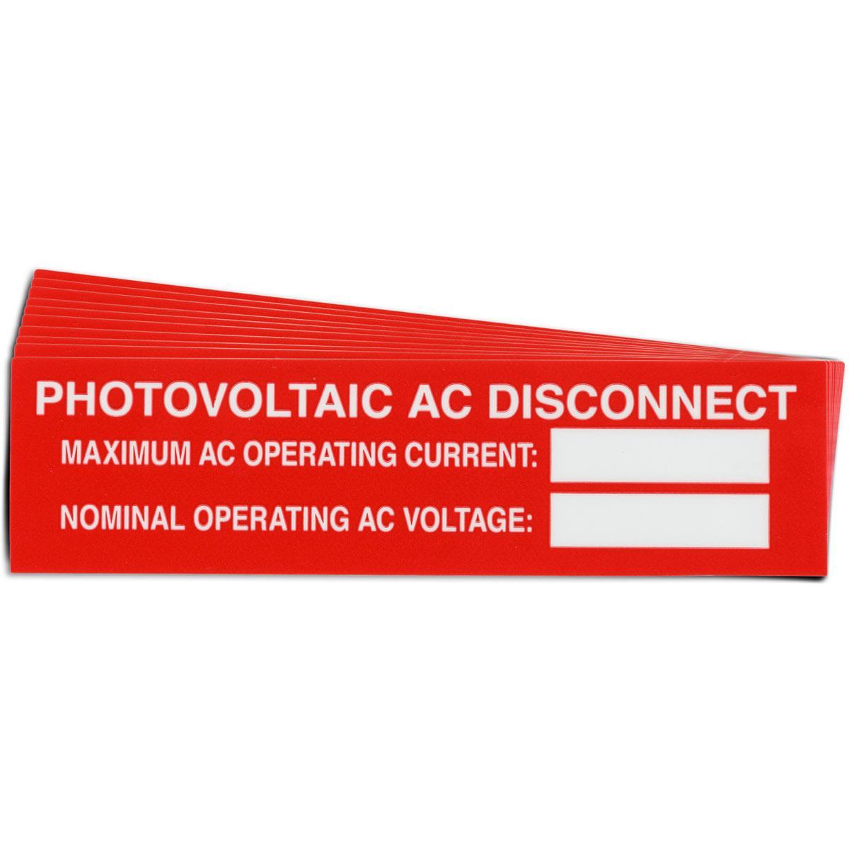 Warning Label, Pre-Printed Rectangle, Text Legend, PHOTOVOLTAIC AC DISCONNECT MAXIMUM AC OPERATING CURRENT ___ NORMAL OPERATING VOLTAGE Legend, B-920 Vinyl, 1 in Height, 4 in Width, Red on White Legend/Background, 0.007 in Thickness