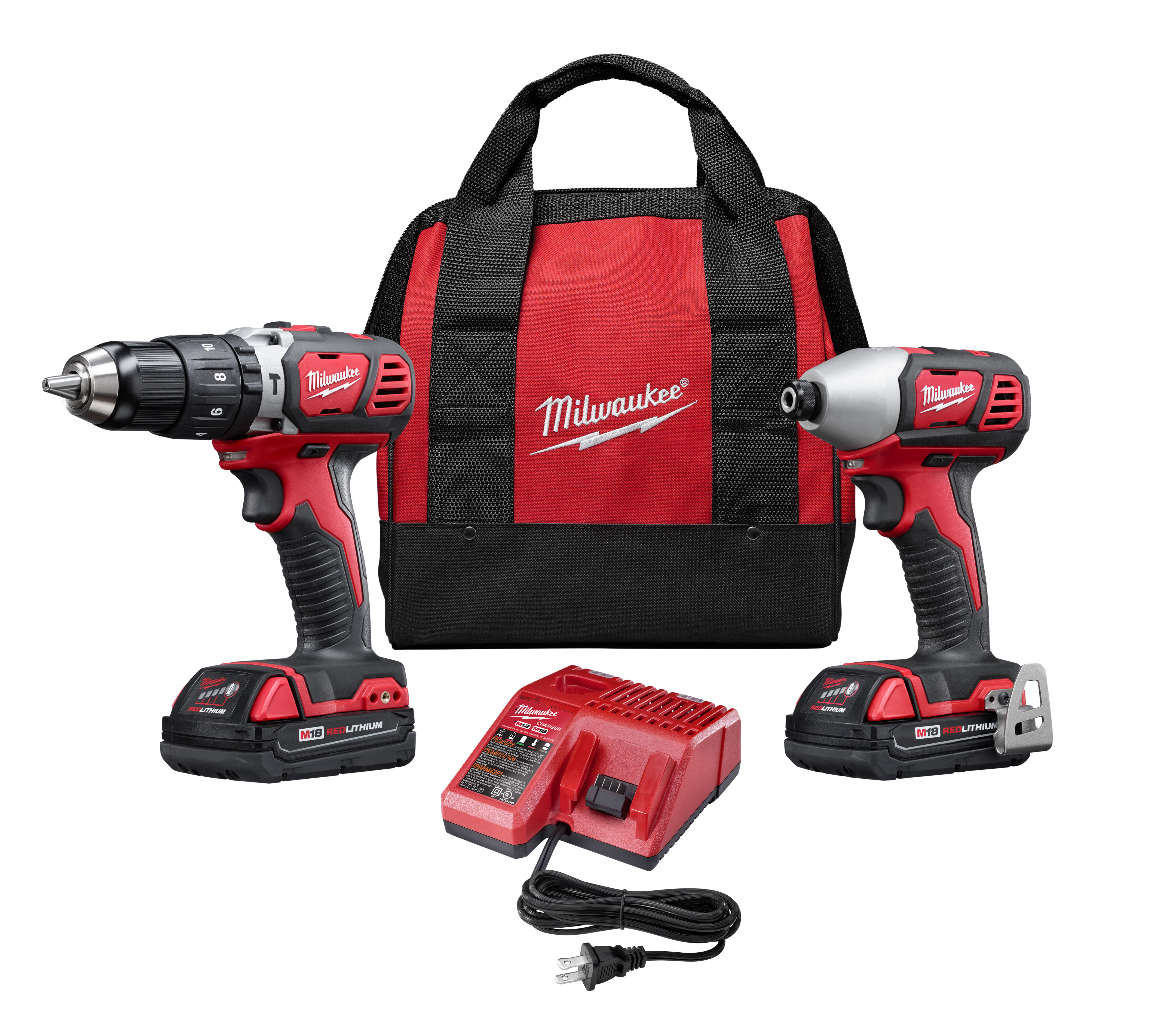 Cordless Combination Kit, 2-Tool, Hammer Drill/Driver, Impact Driver and Reciprocating Saw, 18 VDC, Lithium-Ion, Specifications: Keyless, Red