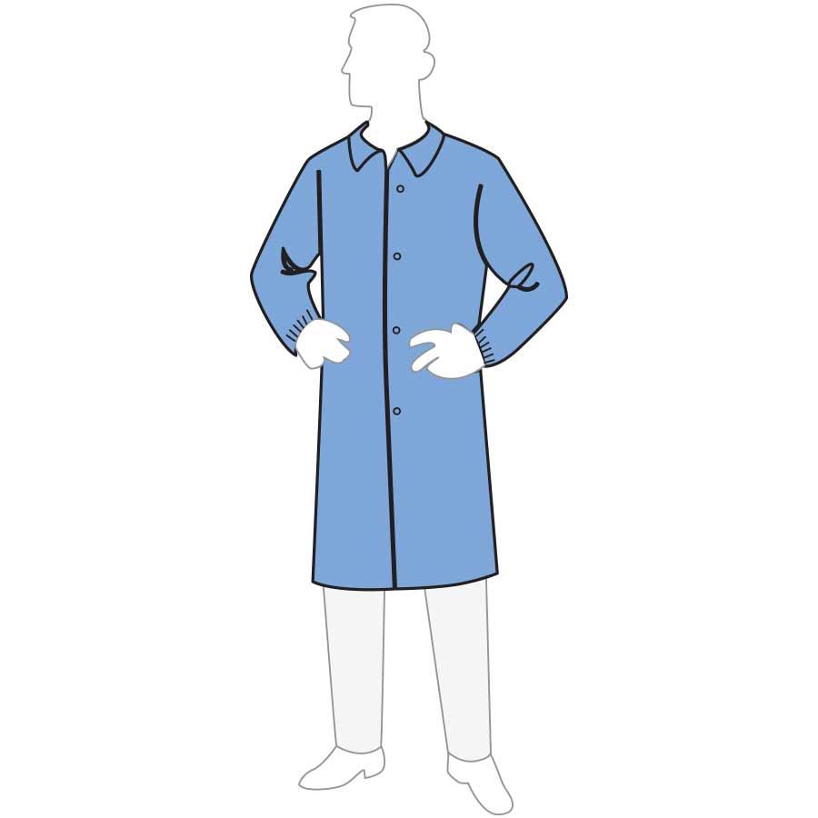 Lab Coat, Medium Weight, 2XL Size, Blue, SpunBonded Polypropylene, Snap Front Closure, Resists: Non-Hazardous Particulate