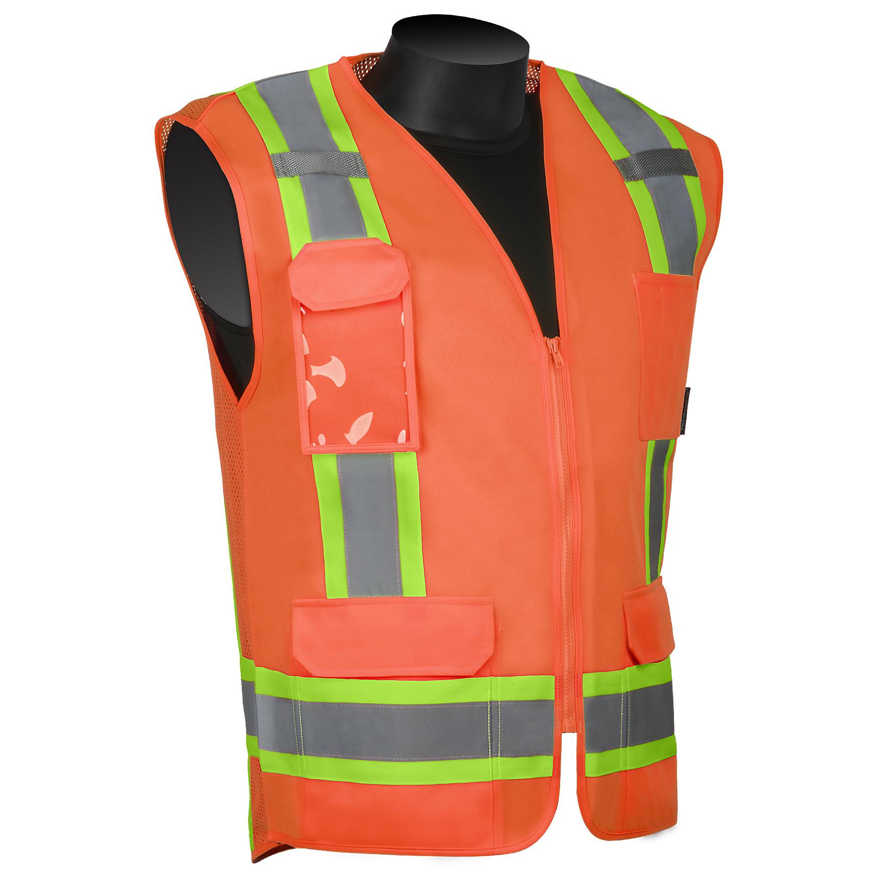 Surveyor Vest, Reflective, Series: C16017F, 2XL Size, Hi-Viz Green, Mesh/Polyester, Front Zipper Closure, 6 Pockets, ANSI Class: Class 2