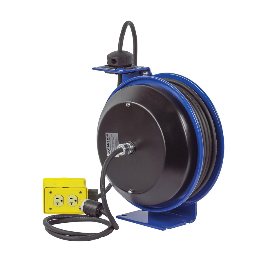 Spring Driven Cord Reel, 1-Pedestal, Series: PC Series, 115 V, 20 A, 100 ft Cord Length, 12/3 AWG Conductor, Steel Reel, Bench/Ceiling/Floor/Vehicle Reel Mounting, Quad Industrial Receptacle, Industrial Grade, Steel, 24 in L x 10-1/4 in W x 25-1/2 in H Dimensions