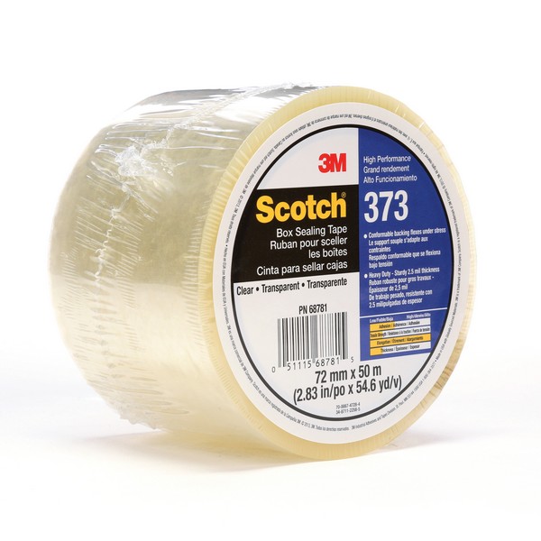 Box Sealing Tape, High Performance, 50 m Length, 72 mm Width, 2.5 mil Thickness, Clear, 3 Inch Diameter Core, Hot Melt Synthetic Rubber Resin Adhesive, Polypropylene Film Backing, 50 in-oz Adhesion Strength, 30 in-lb Tensile Strength