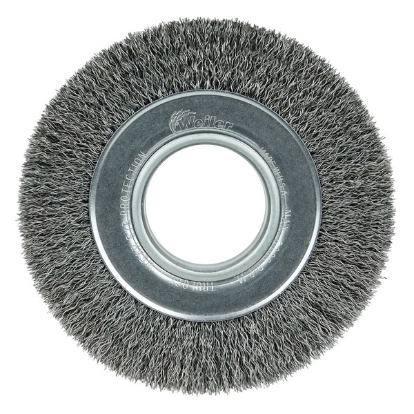 Wire Wheel Brush, Wide Face, 6 in Brush Dia, 1-1/4 in Brush Width, 2 in, Crimped Wire, 0.0118 in Wire Dia, Steel Wire, 1-1/8 in Trim Length, 6000 RPM Max