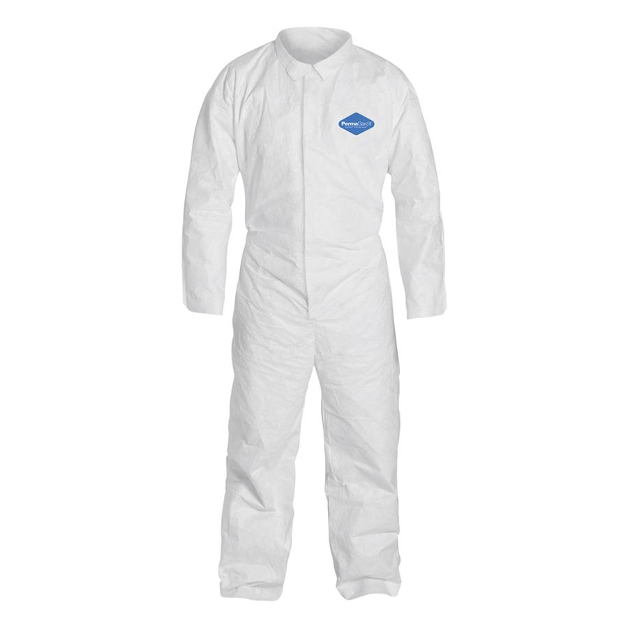 Coverall, Collar, Series: E18120, 3XL Size, White, Polypropylene, Serged Seam, Front Zipper Closure