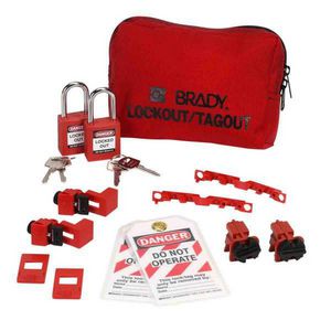 Breaker Lockout Kit, Filled Filled/Unfilled, Language: English, 13 Piece, 2 Padlocks Maximum, 4-3/4 in Height, 7-1/2 in Width, 2 in Depth, Nylon, Black on Red