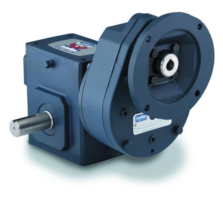 Helical Worm Gear Reducer, Double Reduction Right Angle, 50:1 Gear Ratio, 2.157 HP Input, 1.805 HP Output, C-Face Quill Input, Shaft Output, 7/8 Inch Input, 35 RPM Output Maximum Speed, 1750 RPM Input Maximum Speed, 3250 in-lb, 3 Inch Centre Distance, 3/16 x 3/32 Inch Input, 1/4 x 1-3/4 Inch Output Keyway, Oil Lubrication, Base Mount, Cast Iron