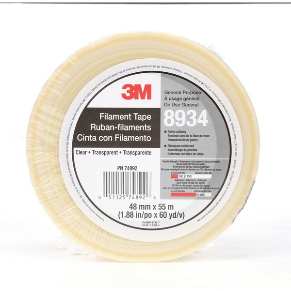 Filament Tape, General Purpose, 55 m Length, 48 mm Width, 4 mil Thickness, Fiberglass Yarn Filament, Clear, Synthetic Rubber Adhesive, Polypropylene Film Backing, 60 in-oz Adhesion Strength, 100 in-lb Tensile Strength