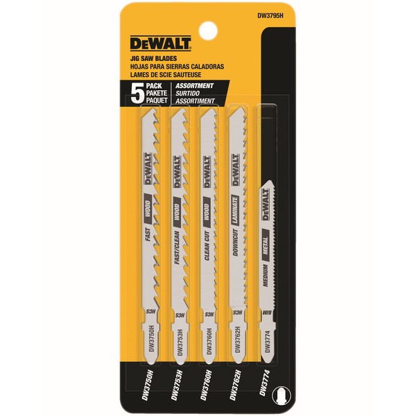 Jig Saw Blade Set, High Performance, 5 Piece, Specifications: 3 to 5 in L Blade, 6/10/18 TPI, Precision Ground Teeth, T-Shank, For Use With: Jig Saws, Bi-Metal/High Carbon Steel