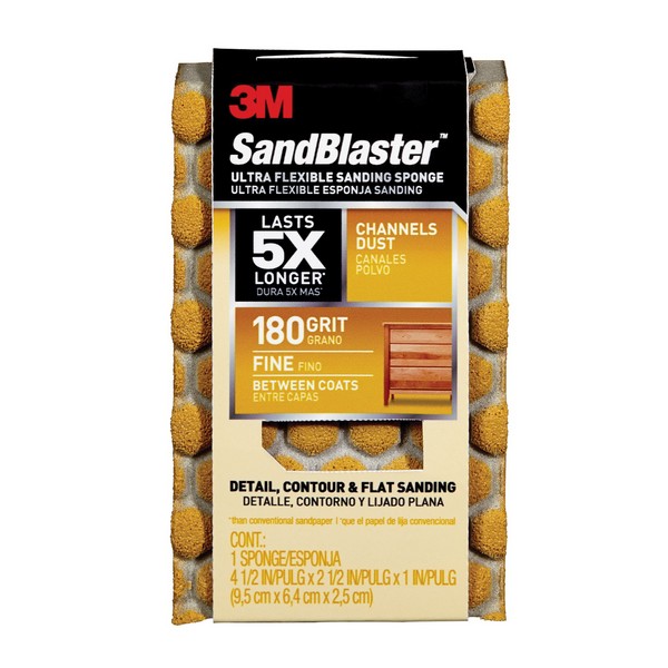 Sanding Sponge, Dust Channeling, 4-1/2 Inch Overall Length, 2-1/2 Inch Overall Width, 1 Inch Overall Thickness, 180 Grit, Aluminum Oxide Abrasive, Applicable Materials: Wood and Metal