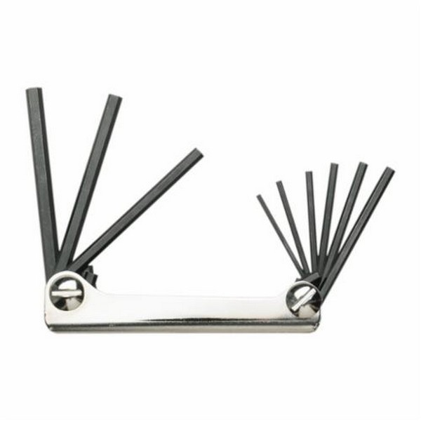 Hex Key Set, Folding Short Arm, Measurement System: Imperial, 9 Piece, 5/64 to 1/4 in Hex, Foldable Handle, Specifications Met: US Federal GGG-K275D, Alloy Steel, Polished Chrome, 4-1/2 in L