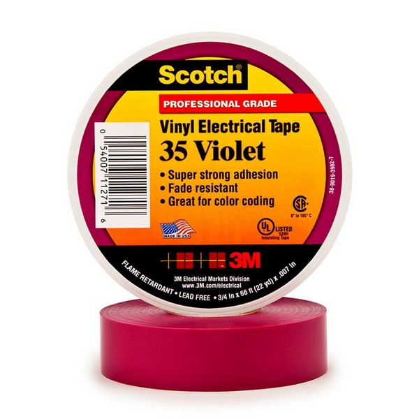 Electrical Tape, 1-Sided Premium Grade, 66 Foot Length, 3/4 Inch Width, 7 mil Thickness, PVC, Violet, Rubber Adhesive, PVC Backing, 20 in-oz Adhesion Strength, 600 VAC, 1250 V/mil Dielectric Strength, 17 in-lb Tensile Strength, 220 °F Maximum Operating