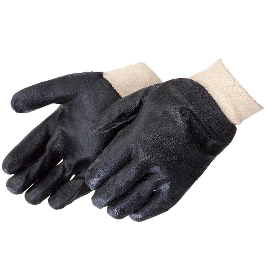 Chemical Supported Glove, Single Dipped, PVC, Black, Semi-Rough Grip Style, Interlock Lining, Knit Wrist Cuff, Supported, Resists: Chemical