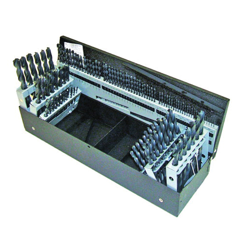 Combination Jobber Drill Set, Heavy Duty, Imperial System of Measurement, 1/16 in Minimum Drill Bit Size, 1/2 in Maximum Drill Bit Size, 135° Drill Point Angle, 115 Piece, Specifications: Right Hand Cut, 2-Flute, HSS, Oxide Treated