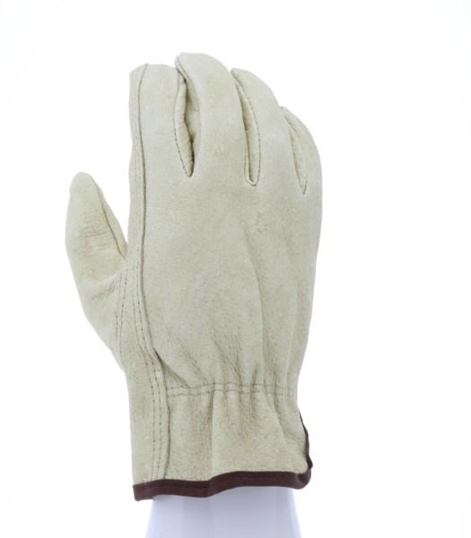 Work Gloves, Driver Glove, Pigskin Leather, Keystone Thumb Style, Slip-On Cuff, Shirred Elastic Closure