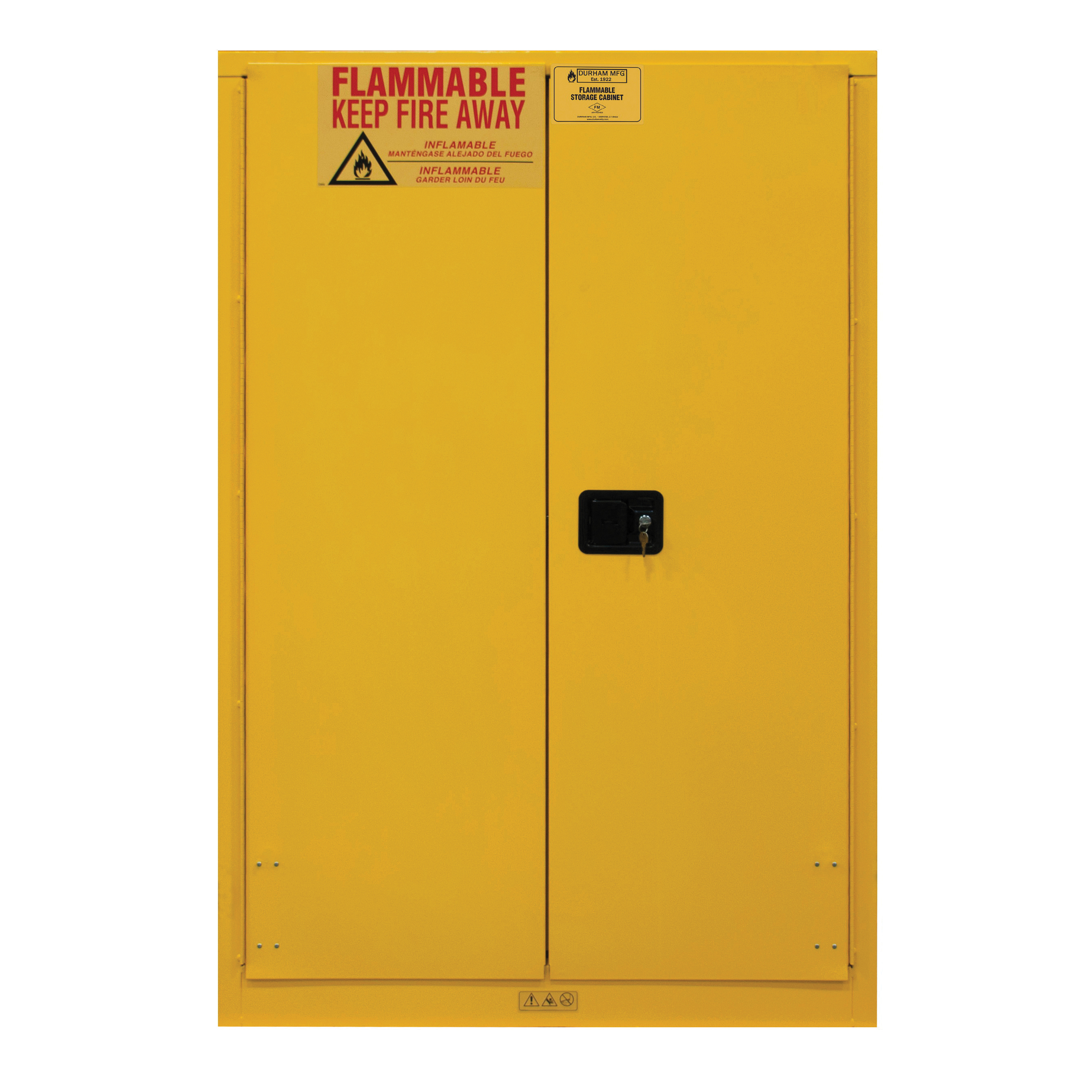 Flammable Storage Cabinet, Adjustable Shelf Standard, 45 gal, 65 in Height, 43 in Width, 18 in Depth, Manual Door, 2 Doors, 2 Shelves, Steel, Gloss/Powder Coated, Yellow, Recessed Paddle