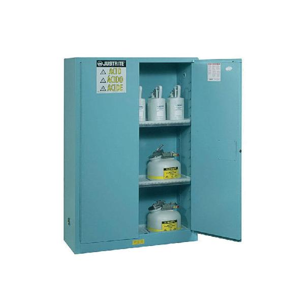 Corrosive Safety Cabinet, Classic, Series: Sure-Grip® EX, 60 gal, 65 in Height, 34 in Width, 34 in Depth, Bi-Fold Self-Close Door, 1 Doors, 2 Shelves, 18 Gauge Cold Rolled Steel, Powder Coated, Blue