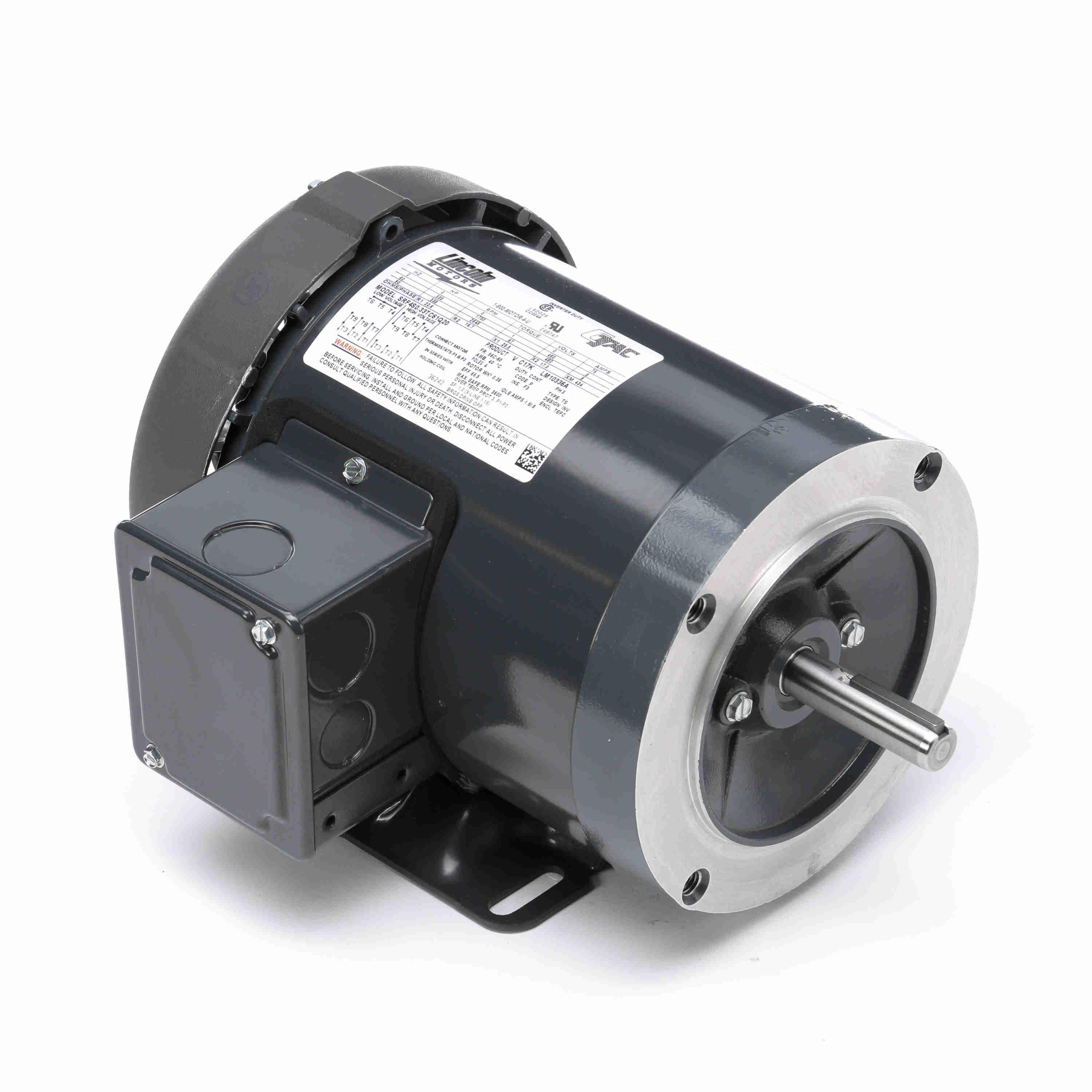 AC Motor, Continuous-Duty, 0.33 hp, 230/460 V AC, 1.6/0.8 A, 60 Hz Frequency, 3 ph, 1725 RPM Speed, TEFC Enclosure, 56C-60 Frame, 0.63 in Dia x 1.88 in L Shaft, Reversible Rotation, 1 Service Factor, Ball Bearing, 1 ft-lb Torque, C-Face/Rigid Base Mounting, 40 °C, Insulation Class: Class F, Rolled Steel, 10:1 Variable Torque Speed