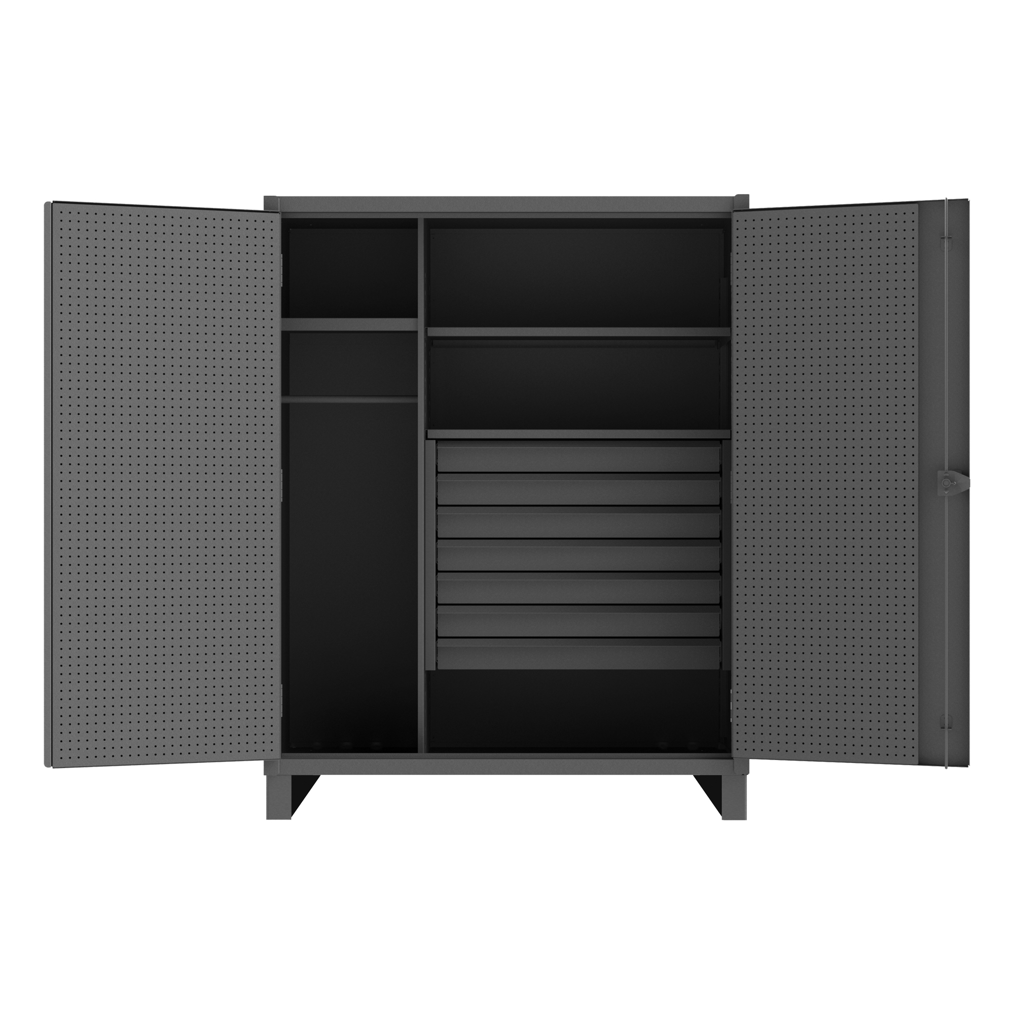 General Storage Cabinet, Wardrobe, 24 in Overall Length, 60 in Overall Width, 78 in Overall Height, 2 Doors, 5 Shelves, 1250 lb Shelf, (1) 18 in W x 19-5/16 in D Fixed, (4) 39-15/16 in W x 20-7/8 in D Adjustable Shelf, 7 Drawers, 12 ga Gauge Thicknes