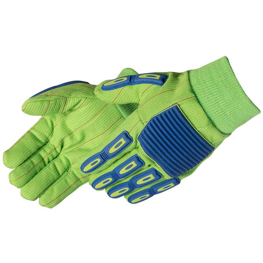 Anti-Vibration Glove, Cotton and Polyester, Hi-Viz Green, Knit Wrist Cuff, Resists: Impact