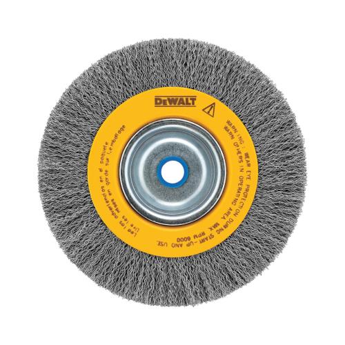 Bench Grinder Brush, Medium Face, 8 in Diameter Brush, 3/4 in Face Width, 5/8 in Arbor Hole, Crimped Wire Filament/Wire, 0.014 in Dia Filament/Wire, Carbon Steel Fill, 1-9/16 in Trim Length, 4000 RPM Maximum