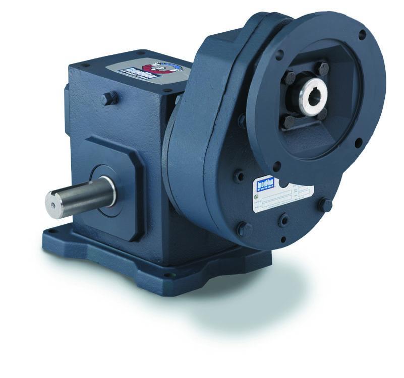 Helical Worm Gear Reducer, Double Reduction Right Angle, Series: GRG, 100:1 Gear Ratio, 1.872 HP Input, 1.409 HP Output, C-Face Quill Input, Shaft Output, 5/8 Inch Input, 17.5 RPM Output Maximum Speed, 1750 RPM Input Maximum Speed, 5068 in-lb, 3-1/4 Inch Centre Distance, 3/16 x 3/32 Inch Input Keyway, Oil Lubrication, Base Mount, Cast Iron