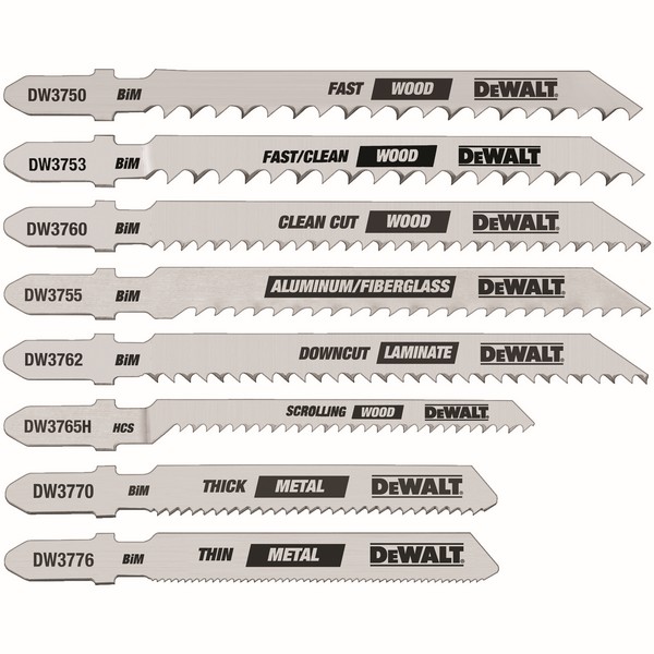 Jig Saw Blade Set, High Performance, 8 Piece, Specifications: 3 to 4 in L Blade, 8/12/14/26/6/10 TPI, Precision Ground Teeth, T-Shank, For Use With: Jig Saws, Bi-Metal/High Carbon Steel