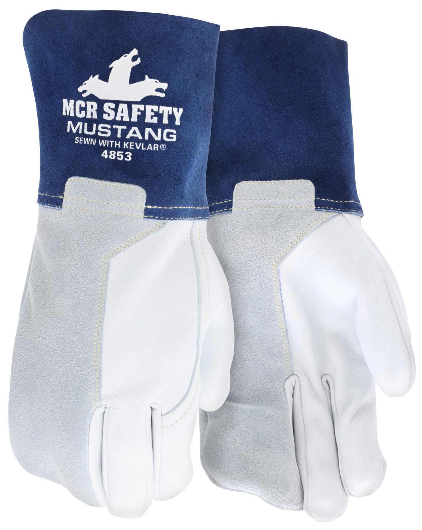 Gloves, Welding, XL Size, Grain Leather Palm, White Grey/Blue, Standard Finger Style, Kevlar Lining, Gauntlet Cuff, 0.4 to 1.1 mm Glove Material