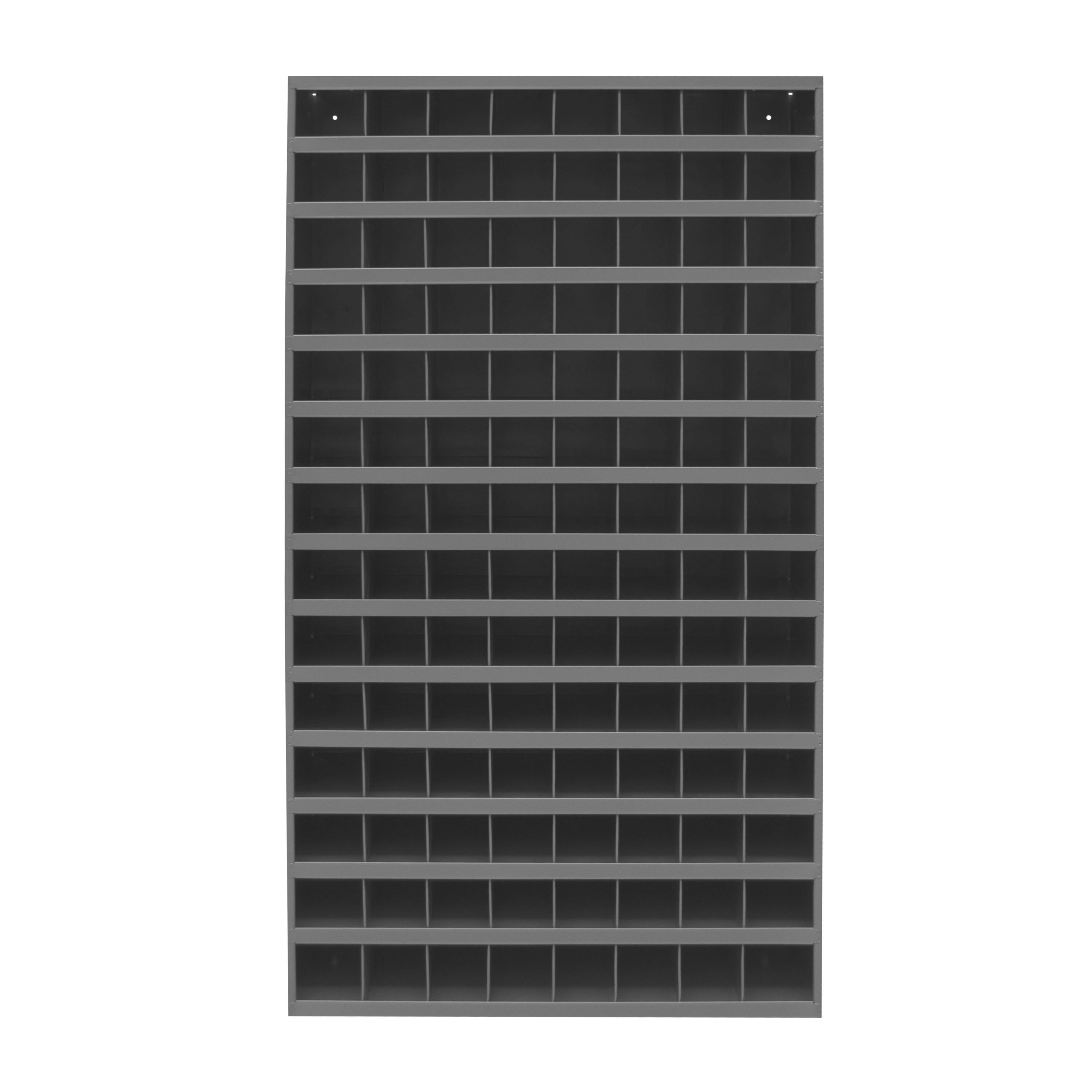 Tall Bin, Open, 12 in Overall Length, 33-7/8 in Overall Width, 64-5/9 in Overall Height, Cold Rolled Steel, Gray, 20 ga Gauge Thickness, 14 Cabinet Shelves, 112 Bins, Gray Bin, 3-13/16 in W x 11-7/8 in D x 3-3/8 in H Bin