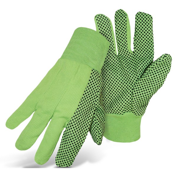 Work Gloves, Clute Cut/Cut and Sewn Glove, L Size, PVC Palm, Canvas, Hi-Viz Green, Straight Thumb/Dot Grip Style, Knit Wrist Cuff, One Side Coating Coverage, Resists: Debris and Dirt