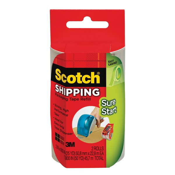 Sure Start Shipping Packaging Tape, 900 Inch Length, 1.88 Inch Width, 2.6 mil Thickness, Clear/Transparent, 1 Inch Diameter Core