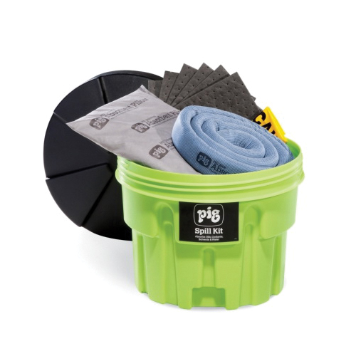 Spill Kit, 20 gal, Drum, Hi-Viz Green, Fluids Absorbed: Coolants/Oils/Solvents/Water