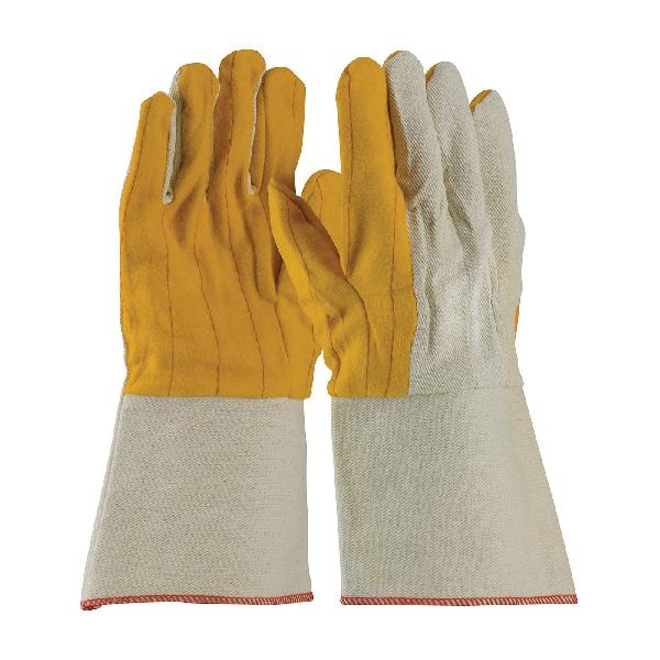 General Purpose Gloves, Unisex, Work Glove Type, L, Cotton Palm, Cotton, White/Yellow, Full Finger/Straight Thumb, Cotton/Polyester, PE Laminated Gauntlet Cuff, 12-1/2 in Length, Resists: Heat